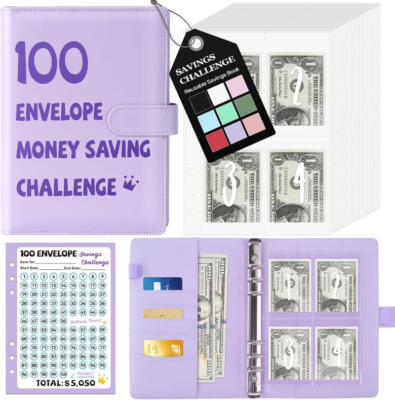 Fabmaker 100 Envelopes Money Saving Challenge Binder, A5 Savings Challenges Book with Envelopes & Reusable Tracker, Binder - Save $5050 in Fun & Motivating Way, Christmas Gifts, Thanksgiving Gifts for Women - Image 1